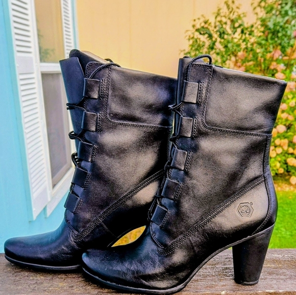 TIMBERLAND Women's 9M Black Leather Lace-up  Dress Boots New In Box 3.5" Heel - Picture 1 of 16